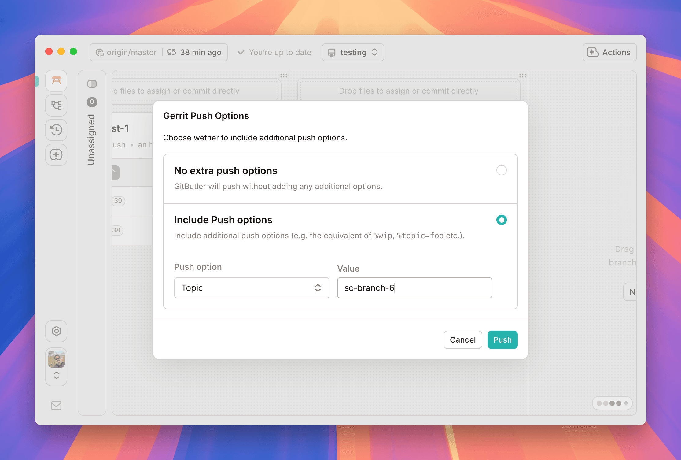 Set a topic, hashtag or wip status on push